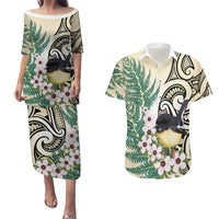 Endemic Tomtit New Zealand Couples Matching Puletasi and Hawaiian Shirt Miromiro Manuka Silver Fern Maori Pattern