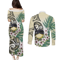 Endemic Tomtit New Zealand Couples Matching Puletasi and Long Sleeve Button Shirt Miromiro Manuka Silver Fern Maori Pattern