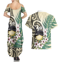 Endemic Tomtit New Zealand Couples Matching Summer Maxi Dress and Hawaiian Shirt Miromiro Manuka Silver Fern Maori Pattern