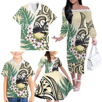 Endemic Tomtit New Zealand Family Matching Off The Shoulder Long Sleeve Dress and Hawaiian Shirt Miromiro Manuka Silver Fern Maori Pattern