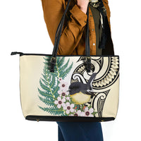 Endemic Tomtit New Zealand Leather Tote Bag Miromiro Manuka Silver Fern Maori Pattern LT14 - Polynesian Pride