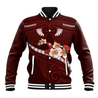 Oxblood Polynesia Baseball Jacket Tribal Pattern Tropical Frangipani