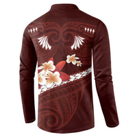 Oxblood Polynesia Button Sweatshirt Tribal Pattern Tropical Frangipani