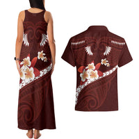 Oxblood Polynesia Couples Matching Tank Maxi Dress and Hawaiian Shirt Tribal Pattern Tropical Frangipani