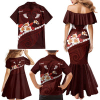 Oxblood Polynesia Family Matching Mermaid Dress and Hawaiian Shirt Tribal Pattern Tropical Frangipani