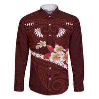 Oxblood Polynesia Family Matching Off The Shoulder Long Sleeve Dress and Hawaiian Shirt Tribal Pattern Tropical Frangipani