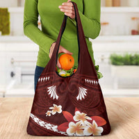 Oxblood Polynesia Grocery Bag Tribal Pattern Tropical Frangipani