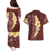 Oxblood Tropical Plumeria With Galaxy Polynesian Art Couples Matching Puletasi and Hawaiian Shirt