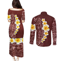 Oxblood Tropical Plumeria With Galaxy Polynesian Art Couples Matching Puletasi and Long Sleeve Button Shirt
