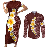 Oxblood Tropical Plumeria With Galaxy Polynesian Art Couples Matching Short Sleeve Bodycon Dress and Long Sleeve Button Shirt
