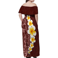 Oxblood Tropical Plumeria With Galaxy Polynesian Art Family Matching Off Shoulder Maxi Dress and Hawaiian Shirt