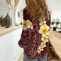 Oxblood Tropical Plumeria With Galaxy Polynesian Art Women Casual Shirt