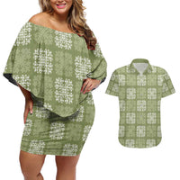 Vesuvian Green Palaka Quilt Hawaii Couples Matching Off Shoulder Short Dress and Hawaiian Shirt Traditional Hawaii-plaid Pattern - Polynesian Pride