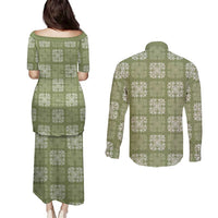Vesuvian Green Palaka Quilt Hawaii Couples Matching Puletasi and Long Sleeve Button Shirt Traditional Hawaii-plaid Pattern - Polynesian Pride