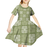 Vesuvian Green Palaka Quilt Hawaii Kid Short Sleeve Dress Traditional Hawaii-plaid Pattern - Polynesian Pride