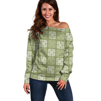 Vesuvian Green Palaka Quilt Hawaii Off Shoulder Sweater Traditional Hawaii-plaid Pattern - Polynesian Pride