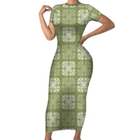 Vesuvian Green Palaka Quilt Hawaii Short Sleeve Bodycon Dress Traditional Hawaii-plaid Pattern - Polynesian Pride