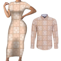 Beige Palaka Quilt Hawaii Couples Matching Short Sleeve Bodycon Dress and Long Sleeve Button Shirt Traditional Hawaii-plaid Pattern - Polynesian Pride