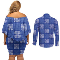 Royal Blue Palaka Quilt Hawaii Couples Matching Off Shoulder Short Dress and Long Sleeve Button Shirt Traditional Hawaii-plaid Pattern - Polynesian Pride