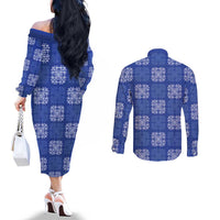 Royal Blue Palaka Quilt Hawaii Couples Matching Off The Shoulder Long Sleeve Dress and Long Sleeve Button Shirt Traditional Hawaii-plaid Pattern - Polynesian Pride
