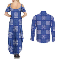 Royal Blue Palaka Quilt Hawaii Couples Matching Summer Maxi Dress and Long Sleeve Button Shirt Traditional Hawaii-plaid Pattern - Polynesian Pride