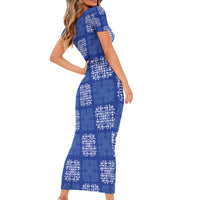Royal Blue Palaka Quilt Hawaii Short Sleeve Bodycon Dress Traditional Hawaii-plaid Pattern - Polynesian Pride