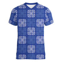 Royal Blue Palaka Quilt Hawaii Women V-Neck T-Shirt Traditional Hawaii-plaid Pattern - Polynesian Pride