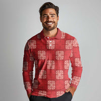 Red Palaka Quilt Hawaii Long Sleeve Polo Shirt Traditional Hawaii-plaid Pattern - Polynesian Pride