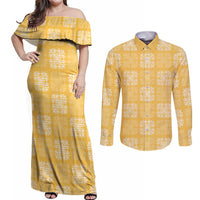 Yellow Palaka Quilt Hawaii Couples Matching Off Shoulder Maxi Dress and Long Sleeve Button Shirt Traditional Hawaii-plaid Pattern - Polynesian Pride