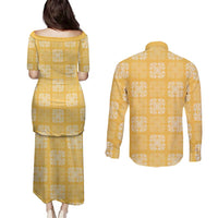 Yellow Palaka Quilt Hawaii Couples Matching Puletasi and Long Sleeve Button Shirt Traditional Hawaii-plaid Pattern - Polynesian Pride