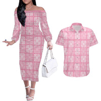 Pink Palaka Quilt Hawaii Couples Matching Off The Shoulder Long Sleeve Dress and Hawaiian Shirt Traditional Hawaii-plaid Pattern - Polynesian Pride