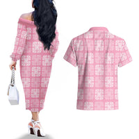 Pink Palaka Quilt Hawaii Couples Matching Off The Shoulder Long Sleeve Dress and Hawaiian Shirt Traditional Hawaii-plaid Pattern - Polynesian Pride