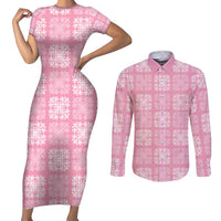 Pink Palaka Quilt Hawaii Couples Matching Short Sleeve Bodycon Dress and Long Sleeve Button Shirt Traditional Hawaii-plaid Pattern - Polynesian Pride