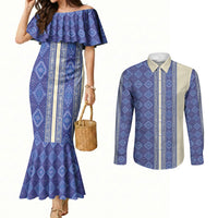 Mabuhay Philippines Festival Couples Matching Mermaid Dress and Long Sleeve Button Shirt Yakan Modern Filipiniana Inspired LT14 Blue - Polynesian Pride