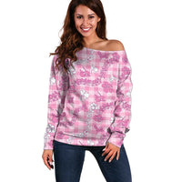 Alaka Aloha Hawaii Off Shoulder Sweater Plumeria Lei With Palaka Motif LT14 Women Pink - Polynesian Pride