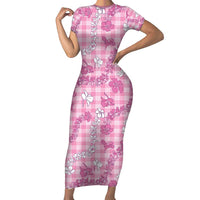 Alaka Aloha Hawaii Short Sleeve Bodycon Dress Plumeria Lei With Palaka Motif - Polynesian Pride