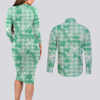 Omaomao Aloha Hawaii Couples Matching Long Sleeve Bodycon Dress and Long Sleeve Button Shirt Plumeria Lei With Palaka Motif - Polynesian Pride