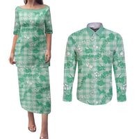 Omaomao Aloha Hawaii Couples Matching Puletasi and Long Sleeve Button Shirt Plumeria Lei With Palaka Motif - Polynesian Pride