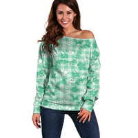 Omaomao Aloha Hawaii Off Shoulder Sweater Plumeria Lei With Palaka Motif LT14 Women Green - Polynesian Pride