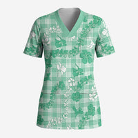 Omaomao Aloha Hawaii Scrub Top Plumeria Lei With Palaka Motif LT14 Adult Green - Polynesian Pride