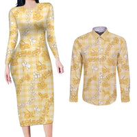 Melemele Aloha Hawaii Couples Matching Long Sleeve Bodycon Dress and Long Sleeve Button Shirt Plumeria Lei With Palaka Motif - Polynesian Pride