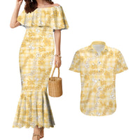 Melemele Aloha Hawaii Couples Matching Mermaid Dress and Hawaiian Shirt Plumeria Lei With Palaka Motif - Polynesian Pride