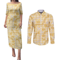 Melemele Aloha Hawaii Couples Matching Puletasi and Long Sleeve Button Shirt Plumeria Lei With Palaka Motif LT14 Yellow - Polynesian Pride