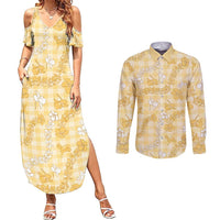 Melemele Aloha Hawaii Couples Matching Summer Maxi Dress and Long Sleeve Button Shirt Plumeria Lei With Palaka Motif - Polynesian Pride