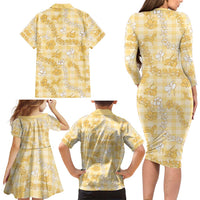 Melemele Aloha Hawaii Family Matching Long Sleeve Bodycon Dress and Hawaiian Shirt Plumeria Lei With Palaka Motif - Polynesian Pride