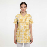 Melemele Aloha Hawaii Scrub Top Plumeria Lei With Palaka Motif LT14 - Polynesian Pride