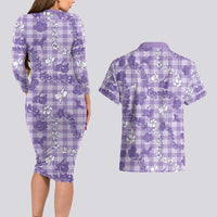 Poni Aloha Hawaii Couples Matching Long Sleeve Bodycon Dress and Hawaiian Shirt Plumeria Lei With Palaka Motif - Polynesian Pride