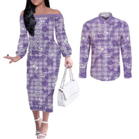 Poni Aloha Hawaii Couples Matching Off The Shoulder Long Sleeve Dress and Long Sleeve Button Shirt Plumeria Lei With Palaka Motif - Polynesian Pride