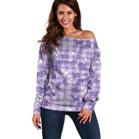 Poni Aloha Hawaii Off Shoulder Sweater Plumeria Lei With Palaka Motif LT14 Women Purple - Polynesian Pride