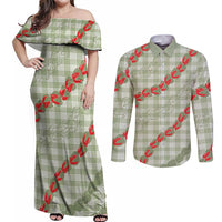 Omaomao Aloha Hawaii Couples Matching Off Shoulder Maxi Dress and Long Sleeve Button Shirt Rosebud Lei With Palaka Motif - Polynesian Pride